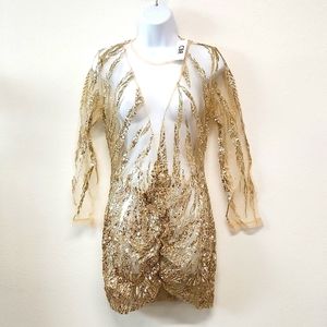 CBR BOUTIQUE SHEER GOLD SEQUINS GLITTER DRESS SEE THROUGH SZ M NEW